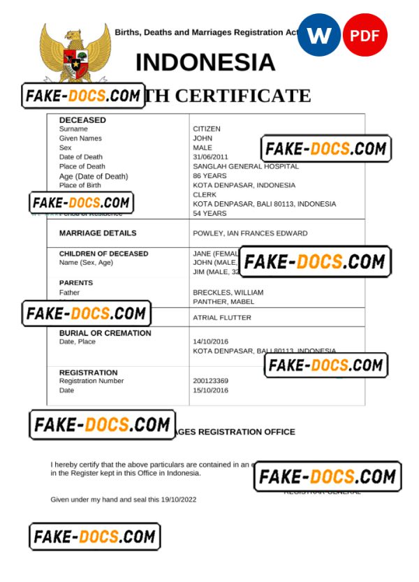 Indonesia vital record death certificate Word and PDF template