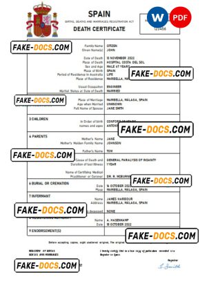 Spain death certificate Word and PDF template, completely editable Spain death certificate Word and PDF template, completely editable
