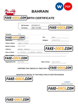 Bahrain vital record birth certificate Word and PDF template