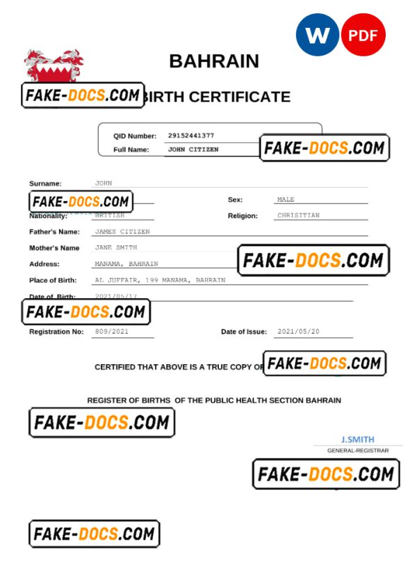 Bahrain vital record birth certificate Word and PDF template