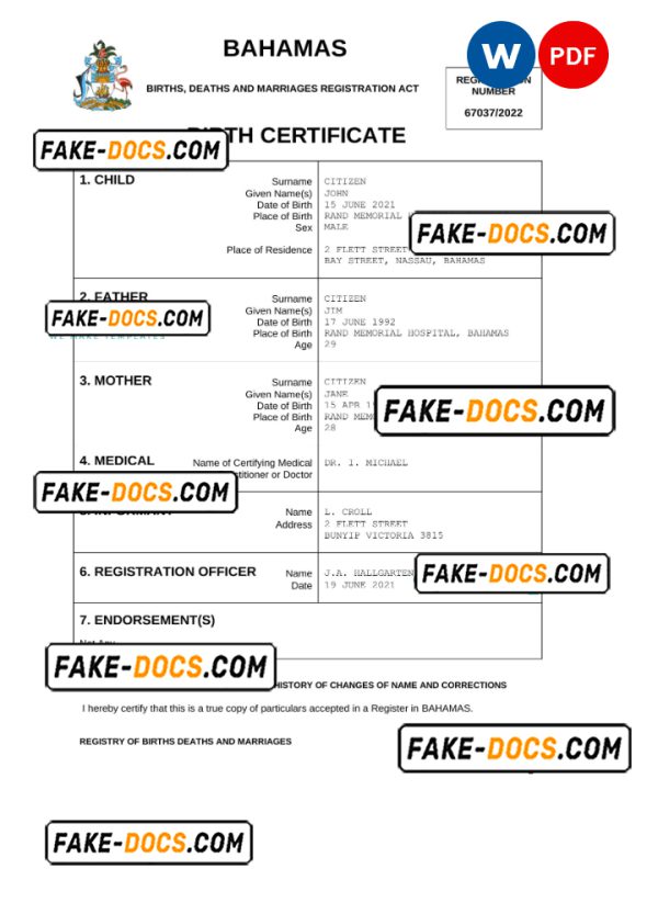 Bahamas vital record birth certificate Word and PDF template, completely editable
