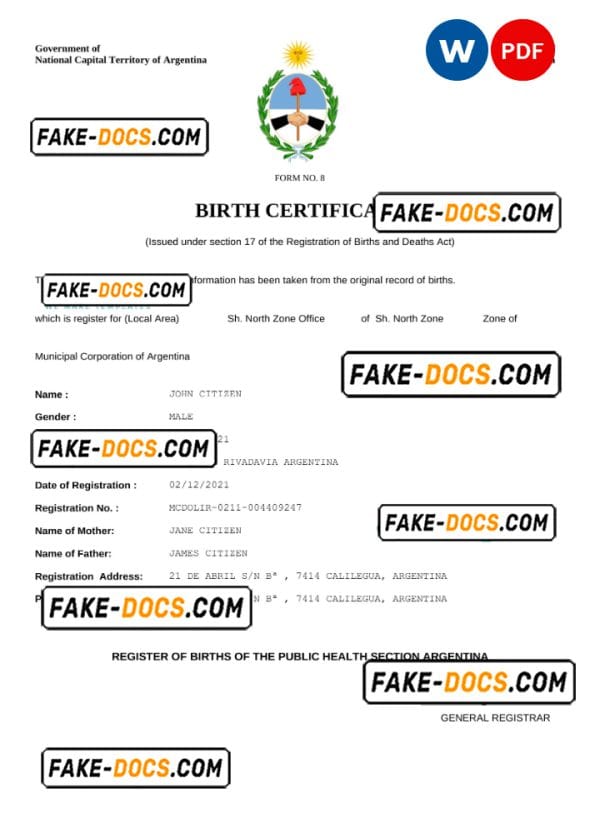 Argentina birth certificate Word and PDF template, completely editable