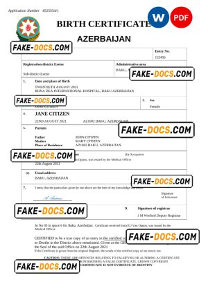 Azerbaijan vital record birth certificate Word and PDF template, fully editable