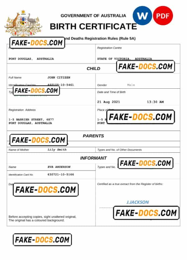 Australia vital record birth certificate Word and PDF template, completely editable