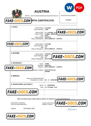 Austria vital record birth certificate Word and PDF template