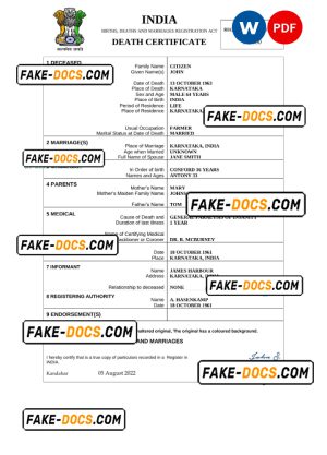 India death certificate Word and PDF template, completely editable