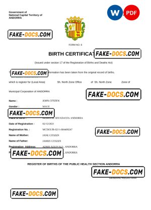 Andorra vital record birth certificate Word and PDF template