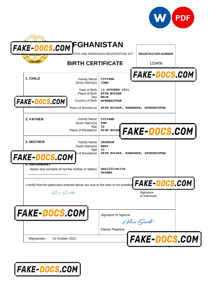 Afghanistan vital record birth certificate Word and PDF template, fully editable