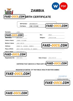 Zambia birth certificate Word and PDF template, completely editable
