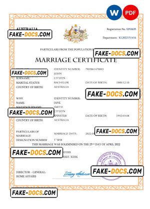 Australia marriage certificate Word and PDF template, completely editable