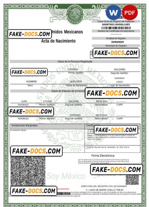 Mexico birth certificate Word and PDF template, version 2 Mexico birth certificate Word and PDF template, version 2