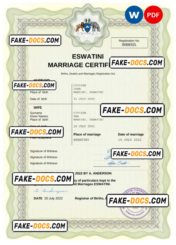 Eswatini marriage certificate Word and PDF template, completely editable