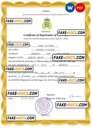 Estonia marriage certificate Word and PDF template, fully editable