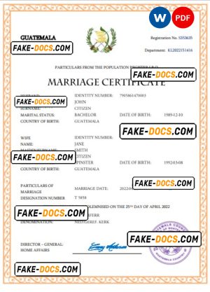 Guatemala marriage certificate Word and PDF template, completely editable