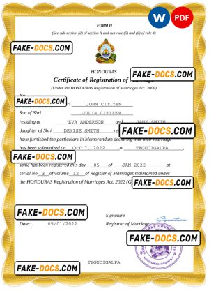 Honduras marriage certificate Word and PDF template, fully editable