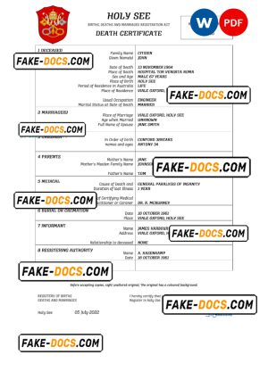 Holy See vital record death certificate Word and PDF template