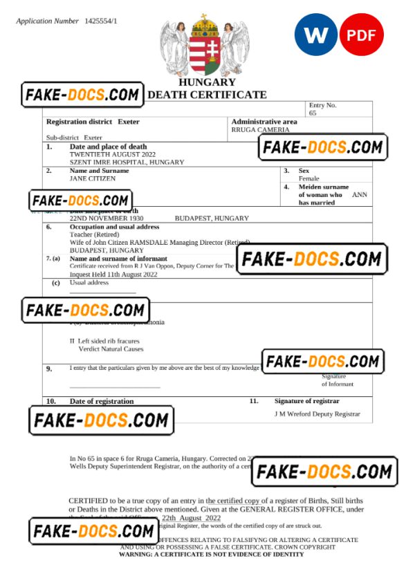 Hungary vital record death certificate Word and PDF template