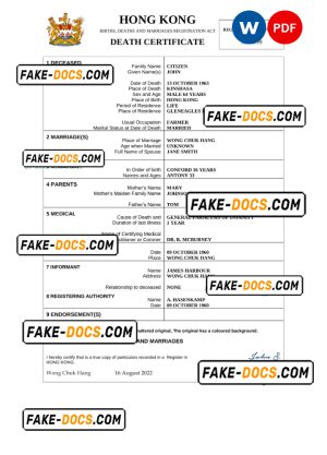 Hong Kong death certificate Word and PDF template, completely editable