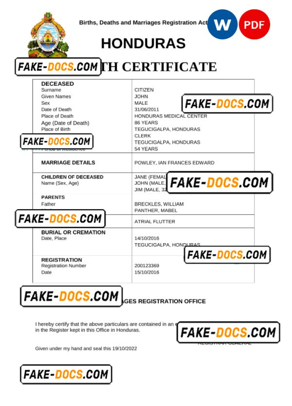 Honduras vital record death certificate Word and PDF template