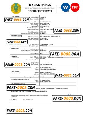 Kazakhstan death certificate Word and PDF template, completely editable Kazakhstan death certificate Word and PDF template, completely editable