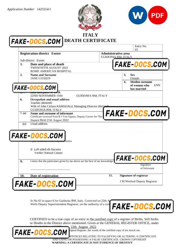 Italy vital record death certificate Word and PDF template