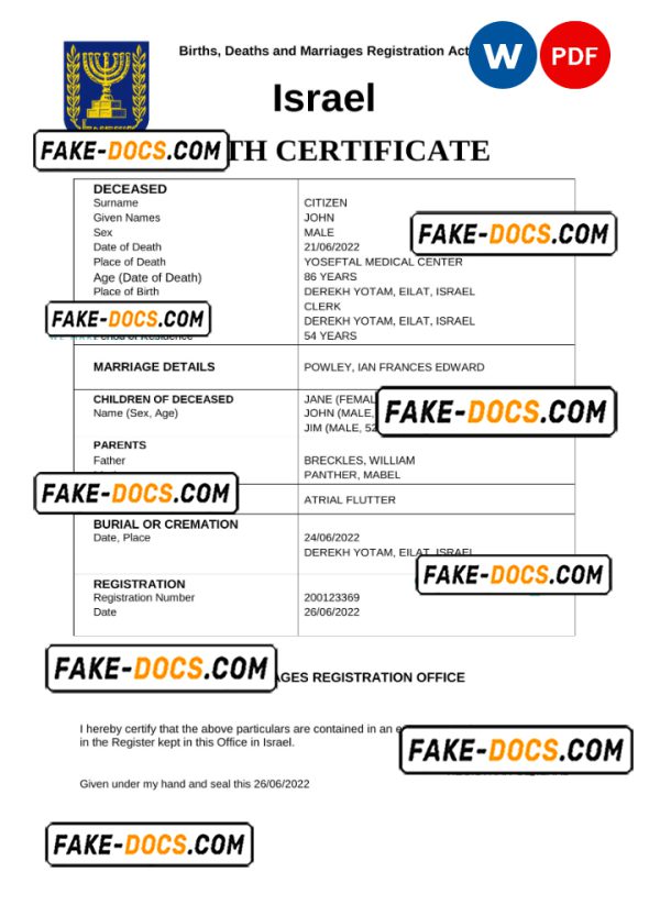 Israel death certificate Word and PDF template, completely editable