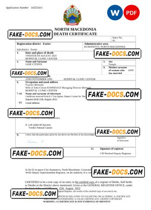 North Macedonia death certificate Word and PDF template, completely editable