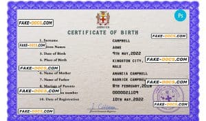 Jamaica vital record birth certificate PSD template, fully editable