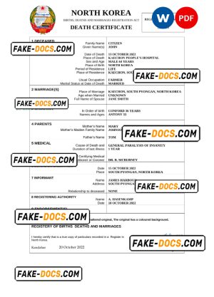 North Korea vital record death certificate Word and PDF template