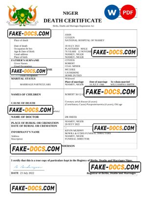 Niger death certificate Word and PDF template, completely editable