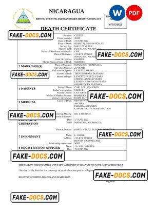 Nicaragua vital record death certificate Word and PDF template