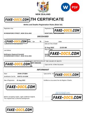 New Zealand death certificate Word and PDF template, completely editable
