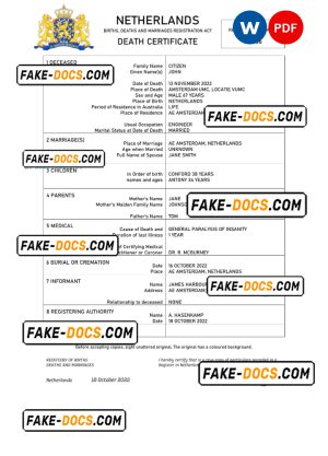 Netherlands vital record death certificate Word and PDF template