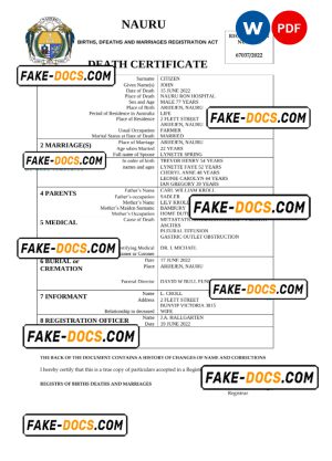 Nauru death certificate Word and PDF template, completely editable