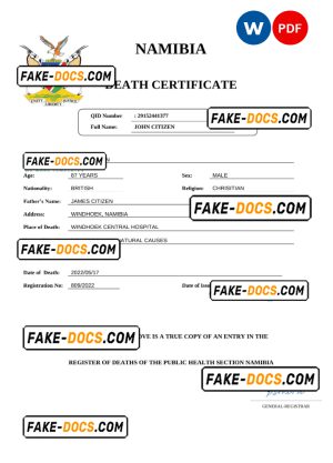 Namibia vital record death certificate Word and PDF template