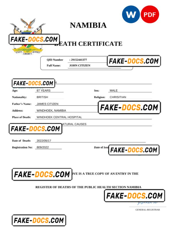Namibia vital record death certificate Word and PDF template