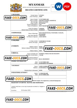 Myanmar death certificate Word and PDF template, completely editable