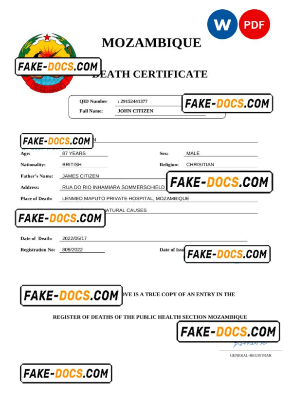 Mozambique vital record death certificate Word and PDF template