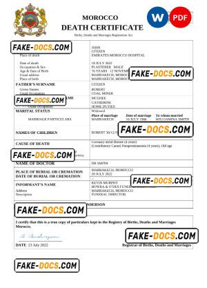 Morocco vital record death certificate Word and PDF template