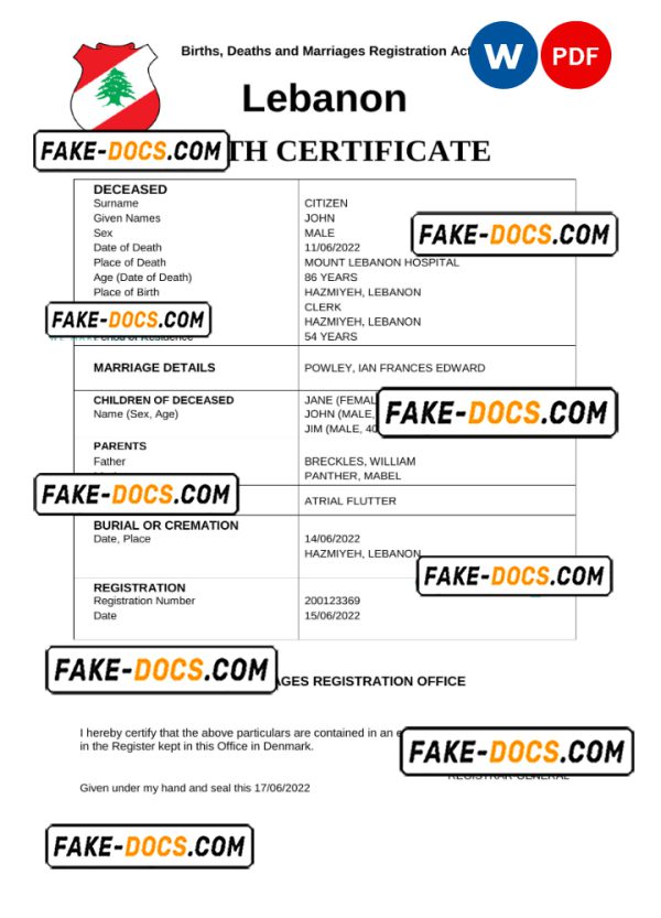 Lebanon death certificate Word and PDF template, completely editable