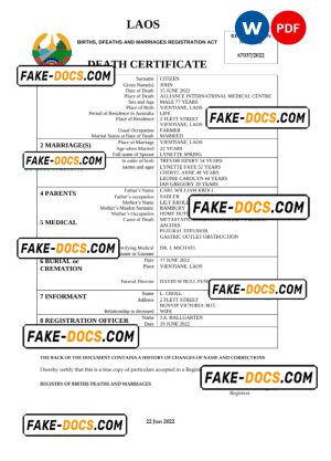 Laos vital record death certificate Word and PDF template Laos vital record death certificate Word and PDF template