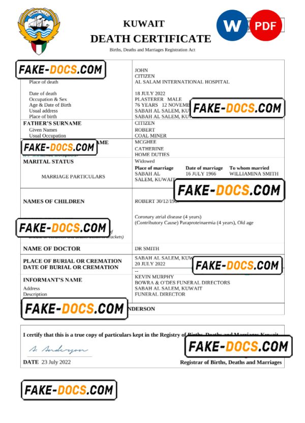 Kuwait death certificate Word and PDF template, completely editable