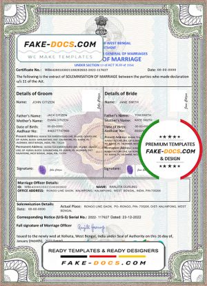 India marriage certificate template in PSD format, fully editable