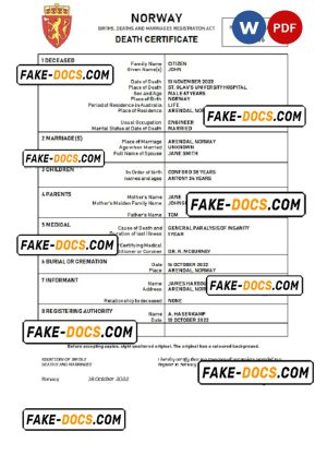 Norway vital record death certificate Word and PDF template