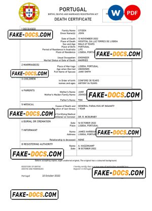 Portugal death certificate Word and PDF template, completely editable Portugal death certificate Word and PDF template, completely editable
