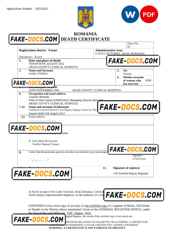 Romania vital record death certificate Word and PDF template