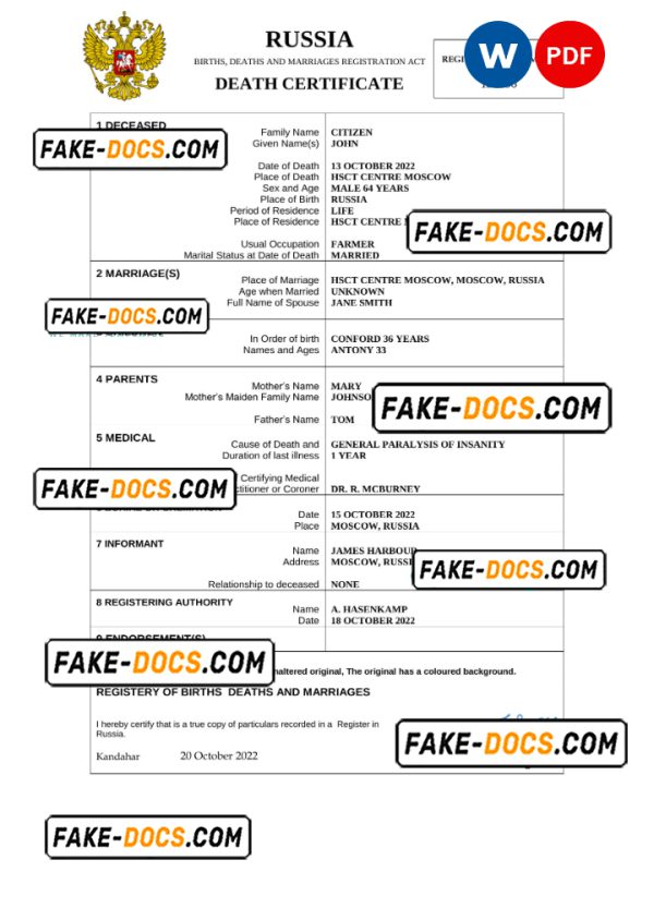 Russia death certificate Word and PDF template, completely editable
