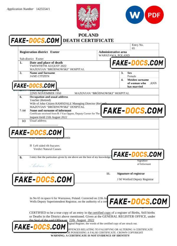 Poland death certificate Word and PDF template, completely editable