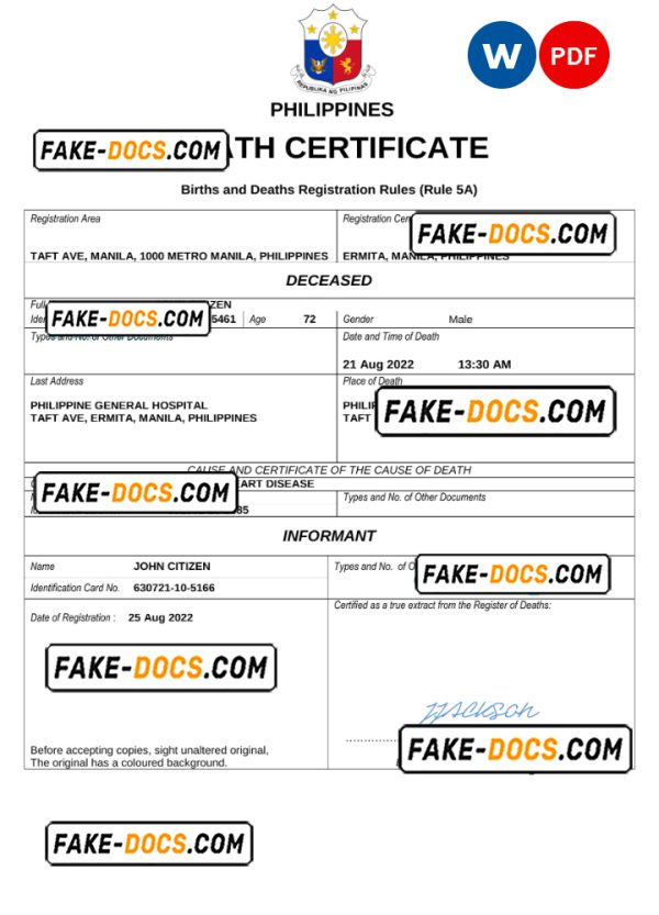 Philippines vital record death certificate Word and PDF template