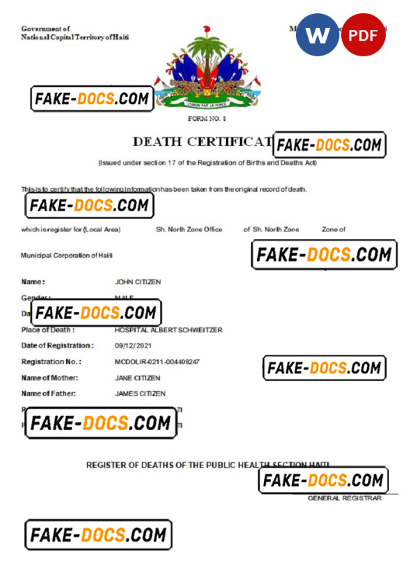 Haiti death certificate Word and PDF template, completely editable